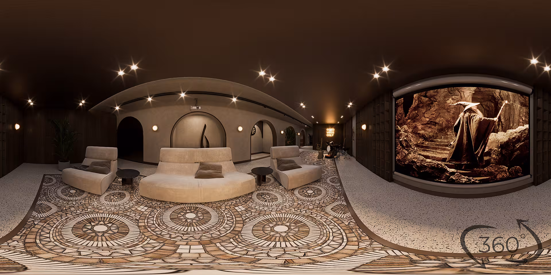 VR architectural visualization of USA basement interior with detailed furniture layout