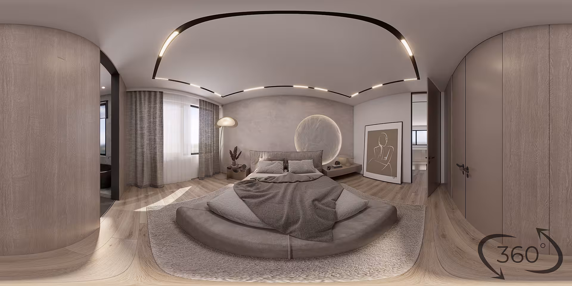 Virtual reality render of Pond House interior showing design logic and lighting flow