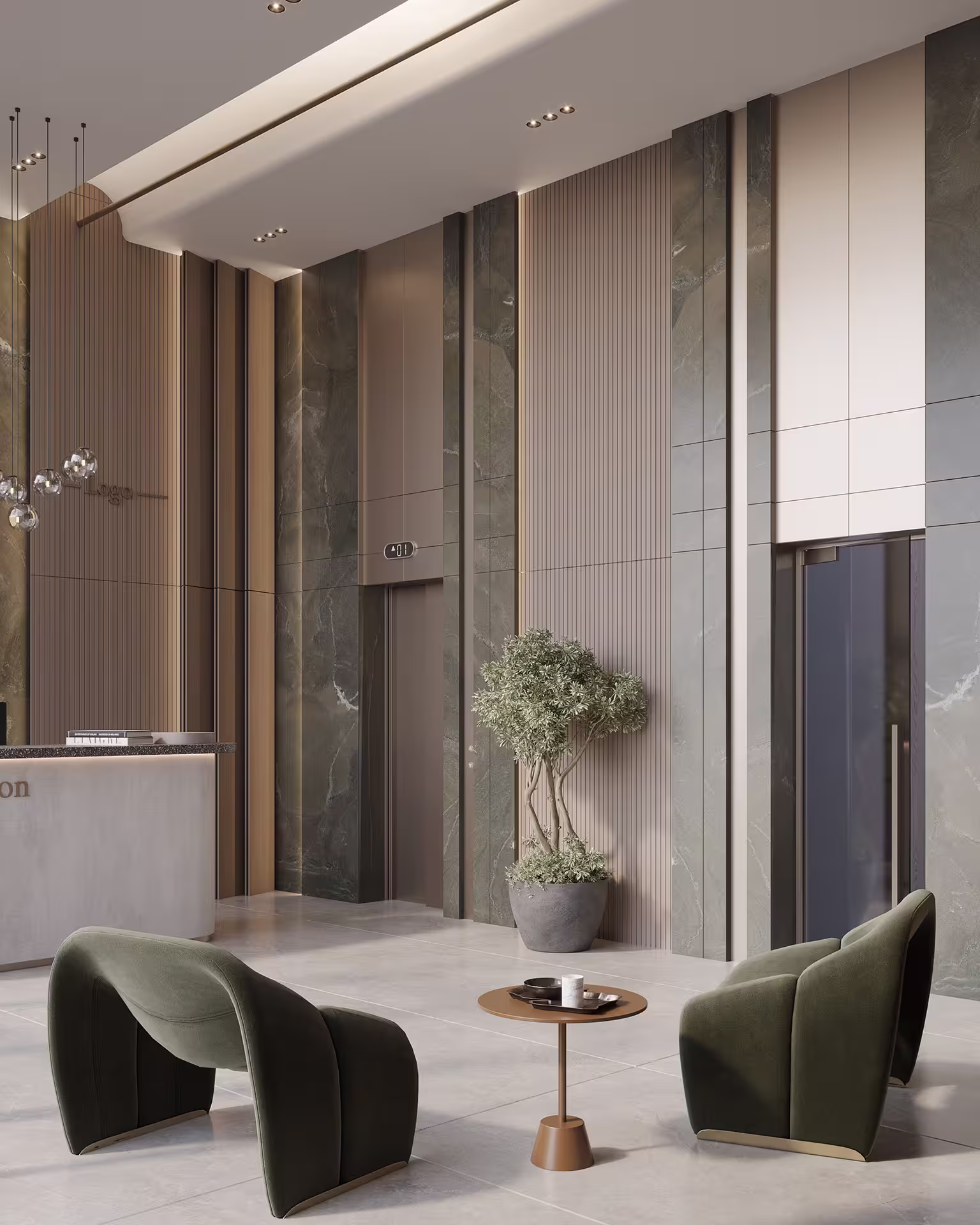 Interior design visualization of a modern workspace lobby combining neutral tones, open circulation, and contemporary architectural elements.