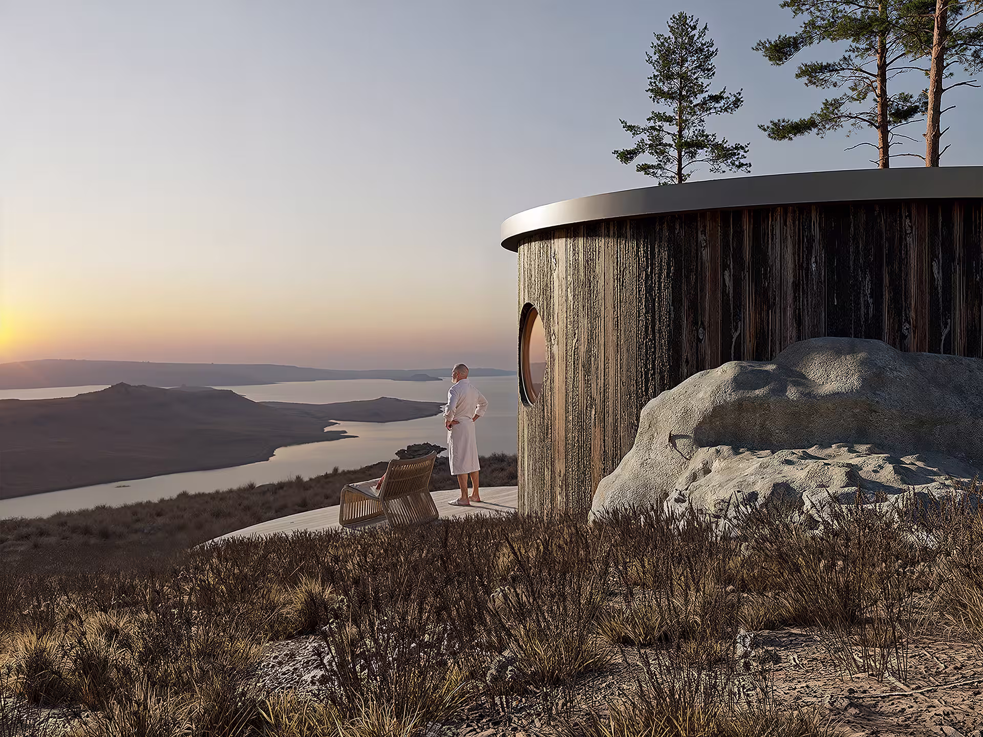 Exterior sauna cabin view in natural landscape setting