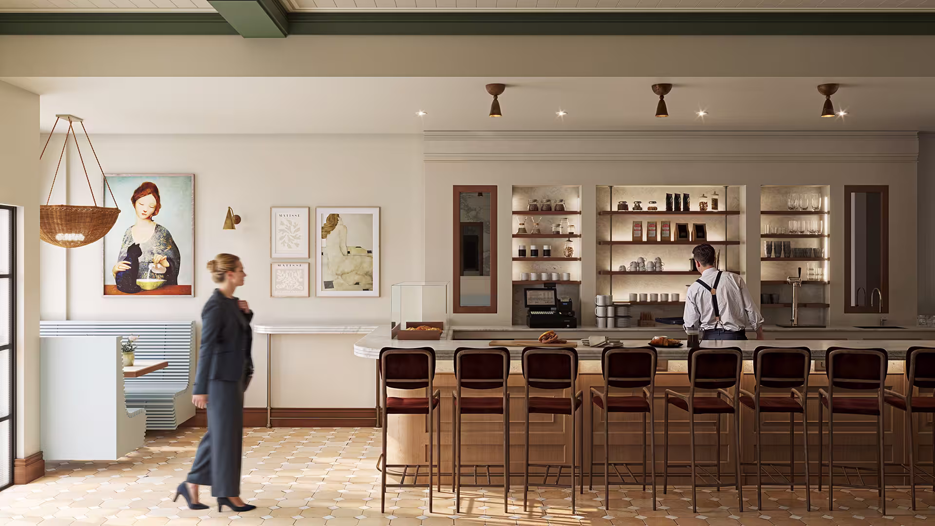 Modern café bar counter with wooden finishes, pendant lights, and neutral color palette.