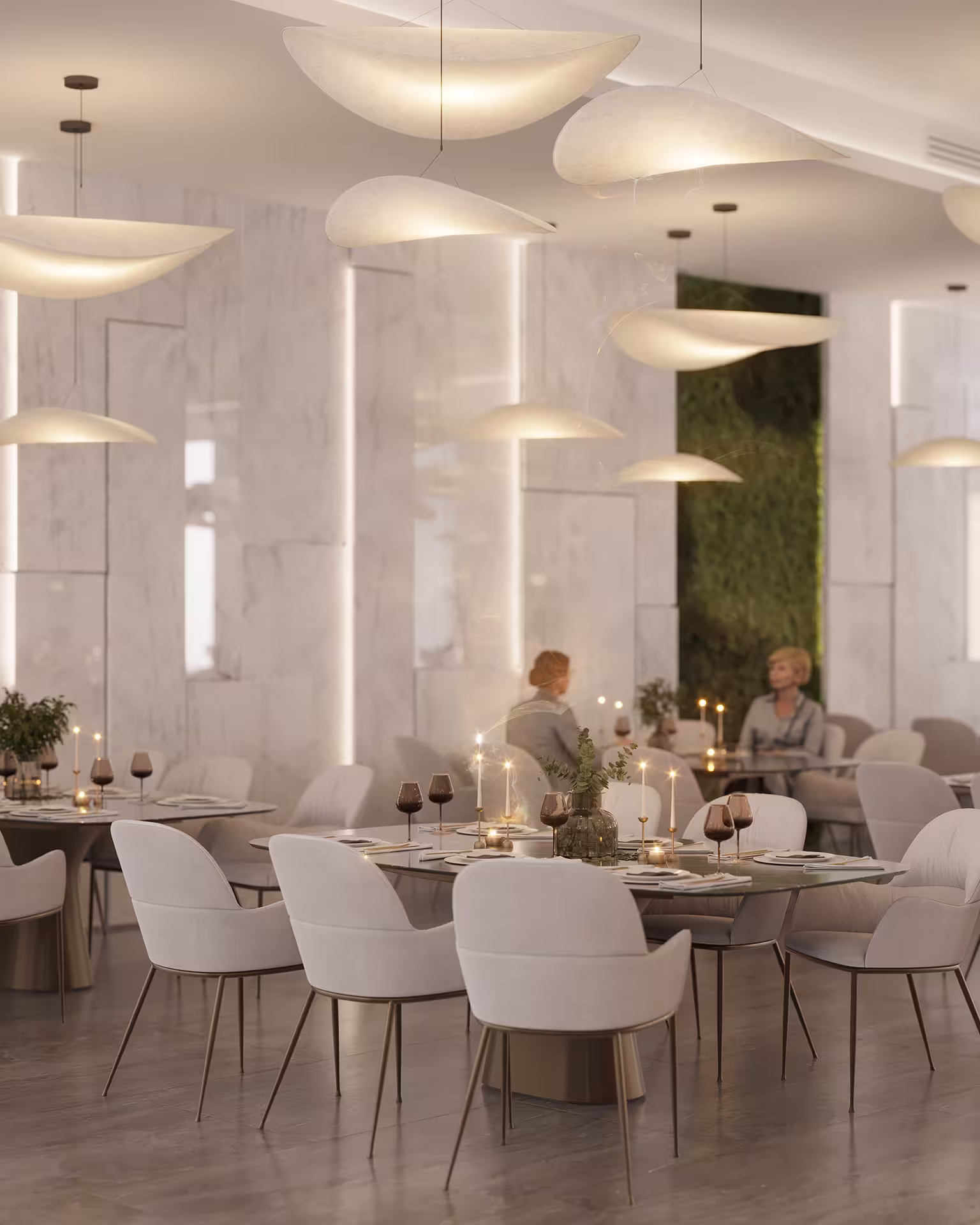 Photorealistic 3D render of a hotel dining area featuring warm tones, comfortable seating, and refined decorative elements.