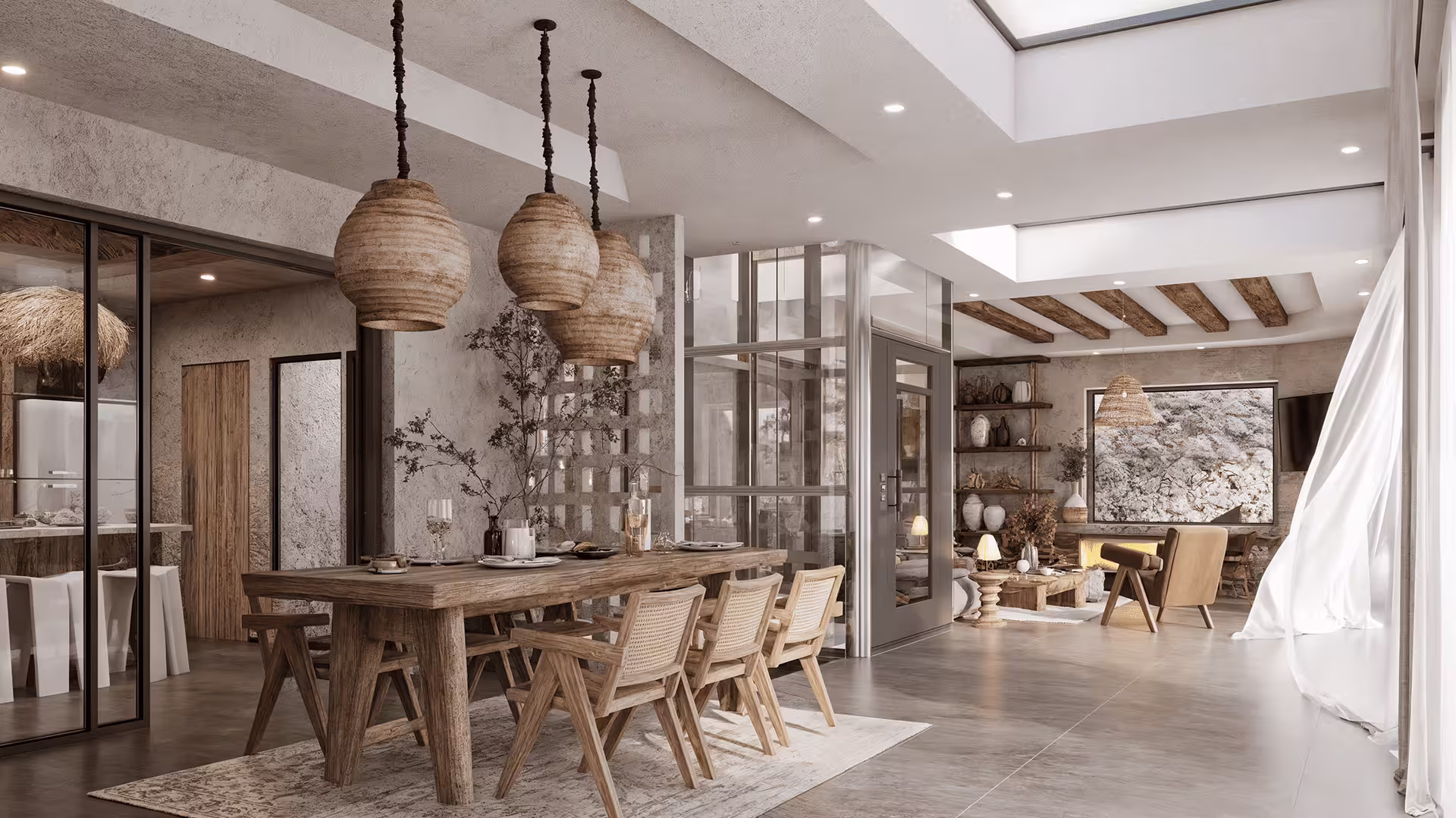 Detailed 3D render of a cave house living room featuring organic forms, stone textures, and wooden furniture in soft lighting.