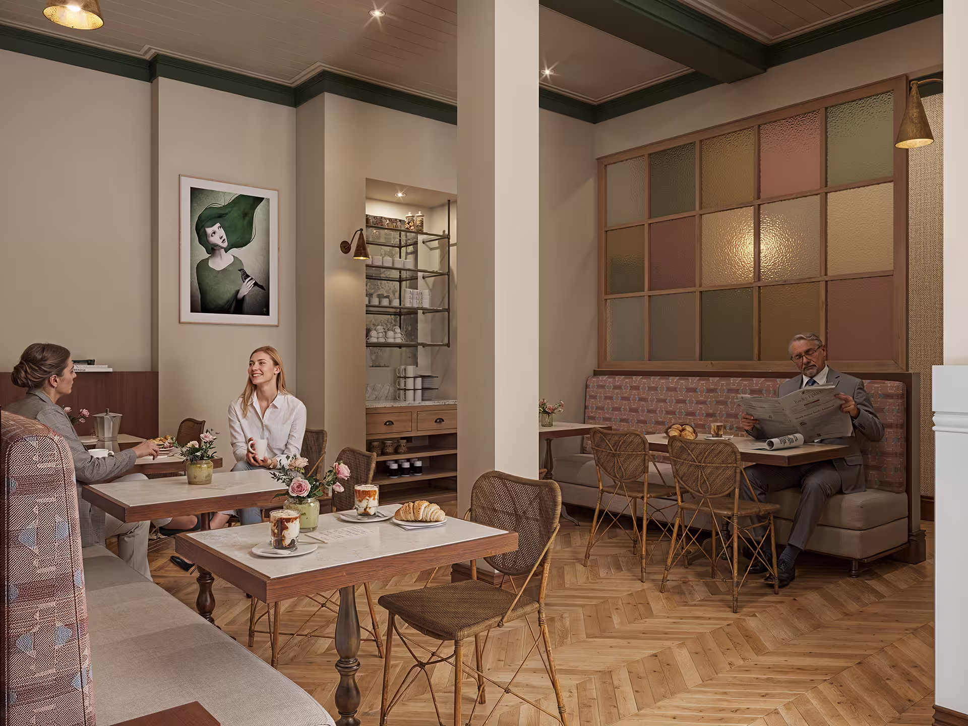 Contemporary seating zone render featuring mix of tables, lounge chairs, and wall art.