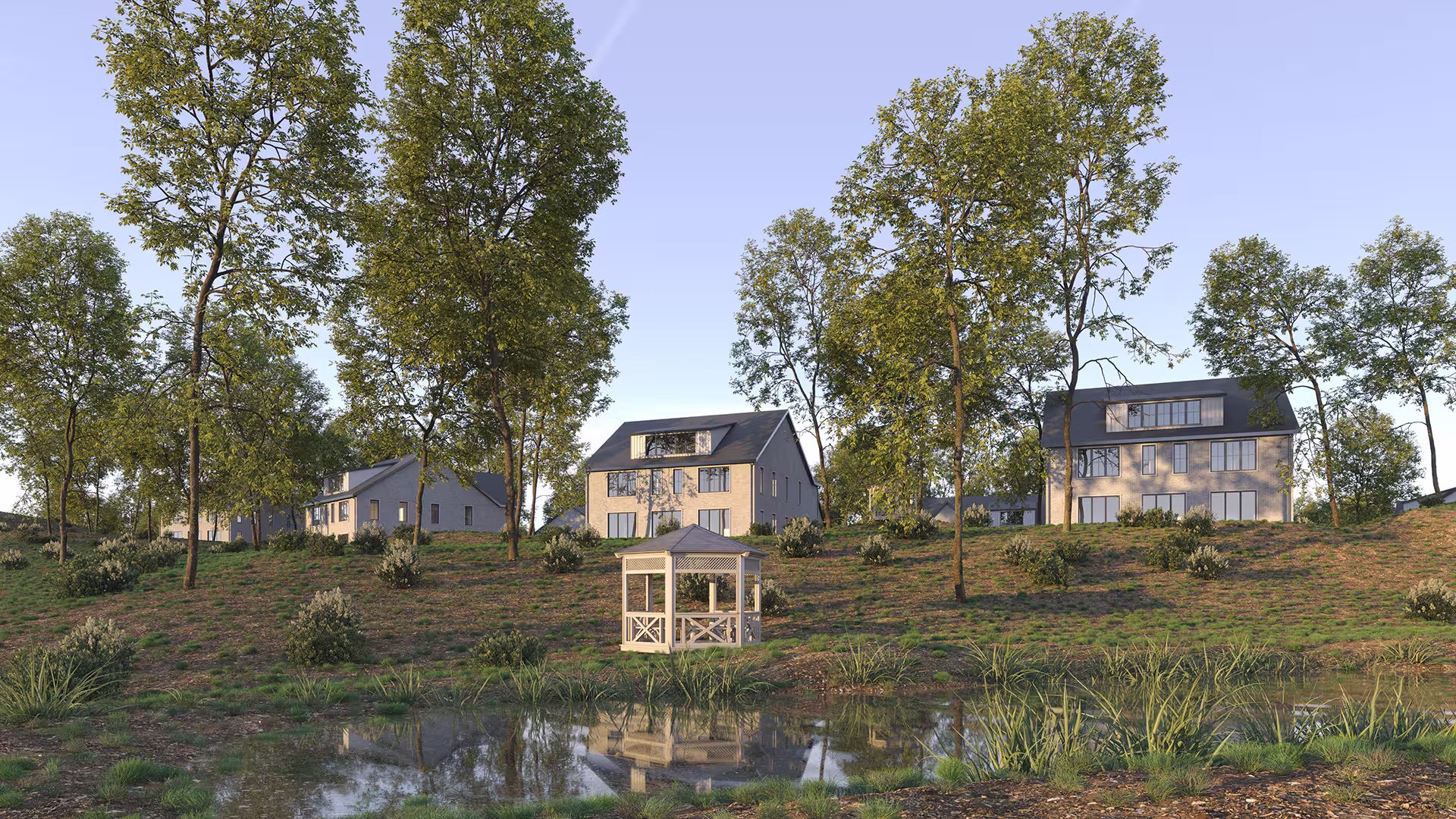 Riverside render of modern residential development with landscaped outdoor areas