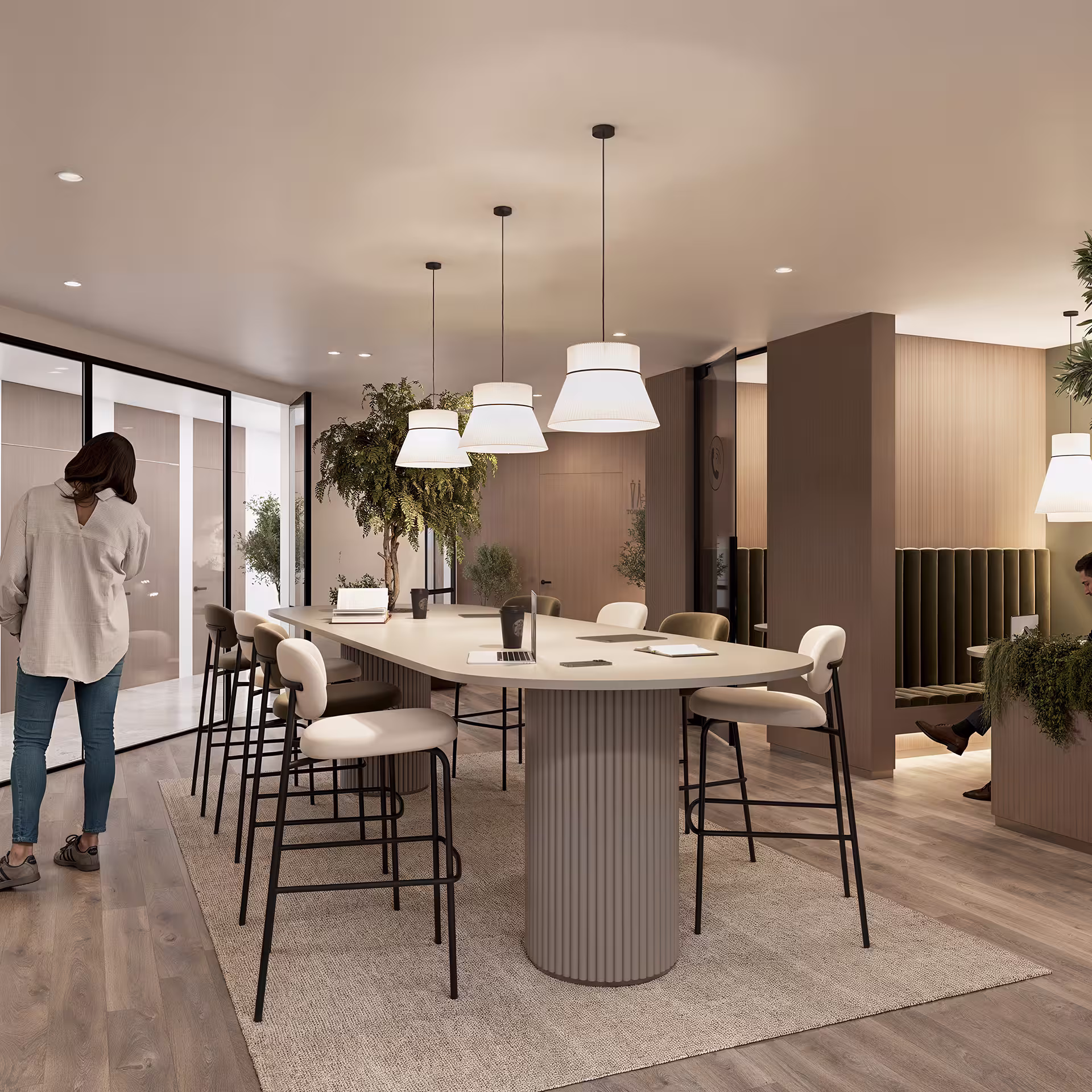 Realistic interior visualization of a meeting room in a modern office, with balanced proportions, natural textures, and calm color palette.