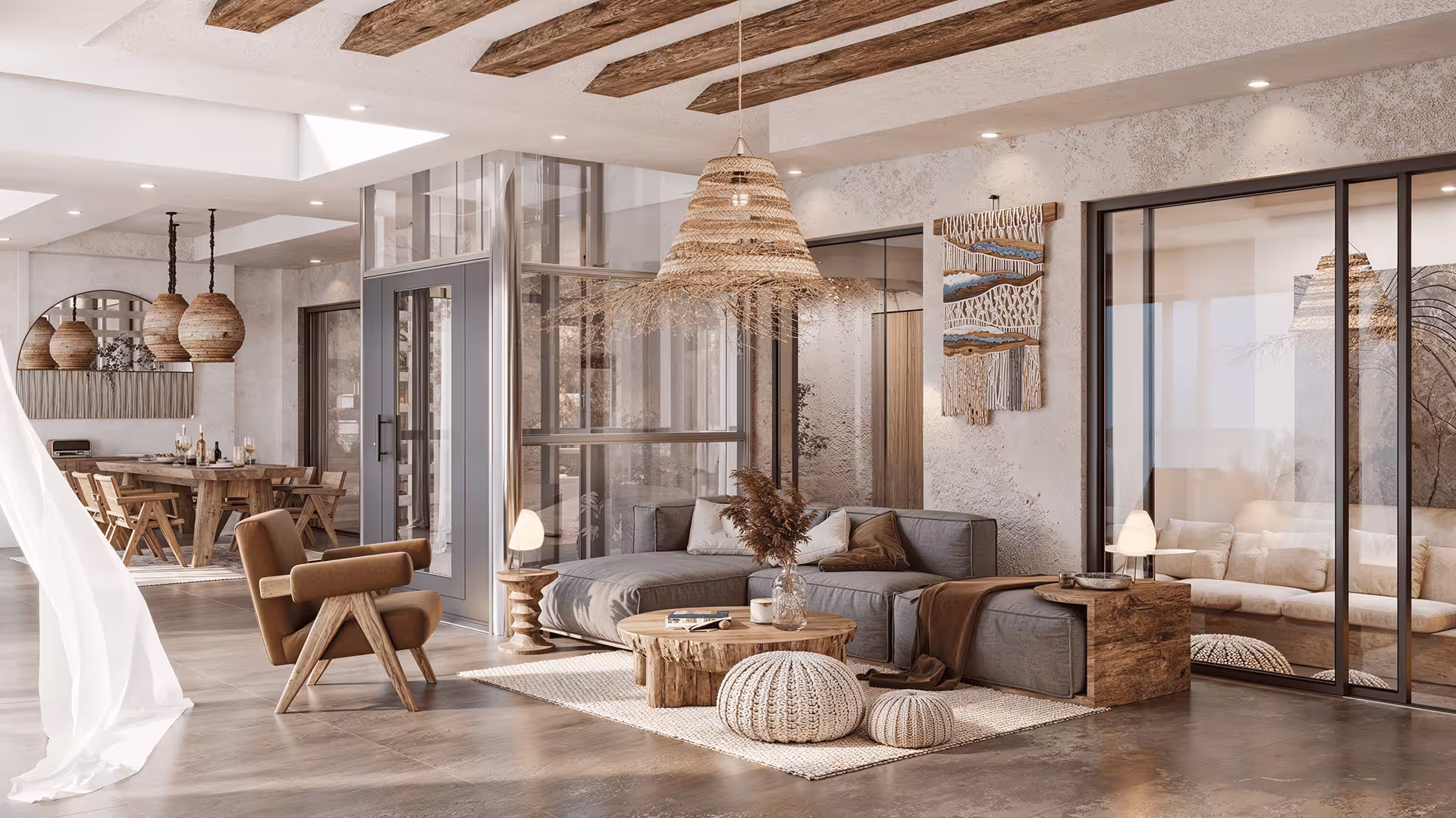 Modern cave residence interior visualization highlighting curved walls, earthy tones, and balanced natural illumination.