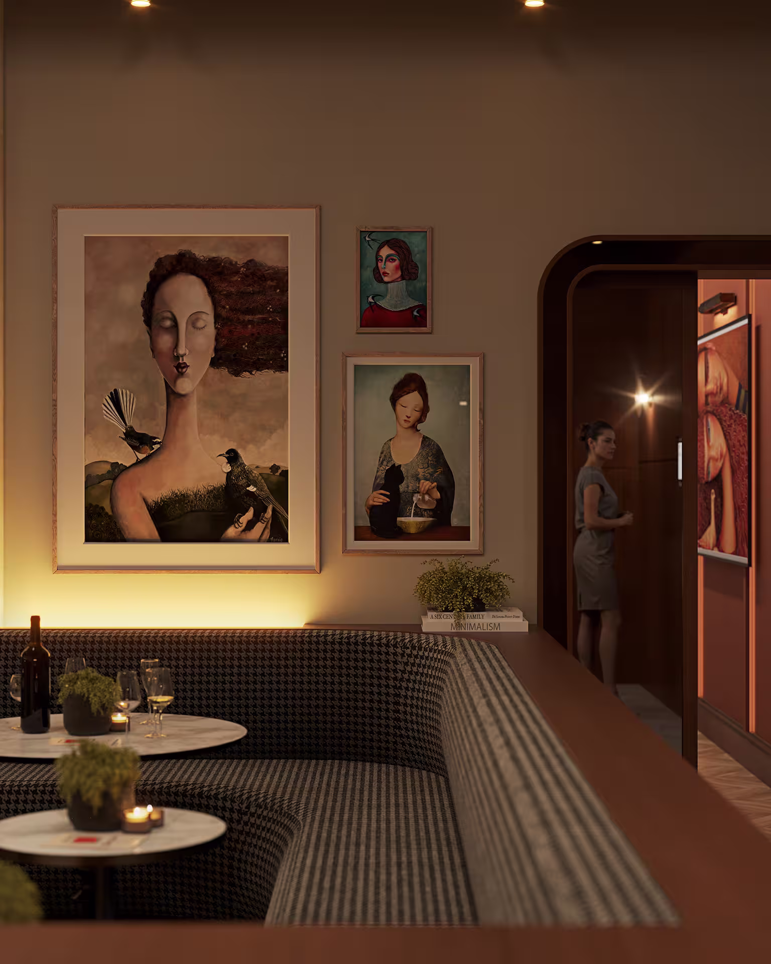 Artistic wall niche render with portraits and warm accent lighting in café interior.