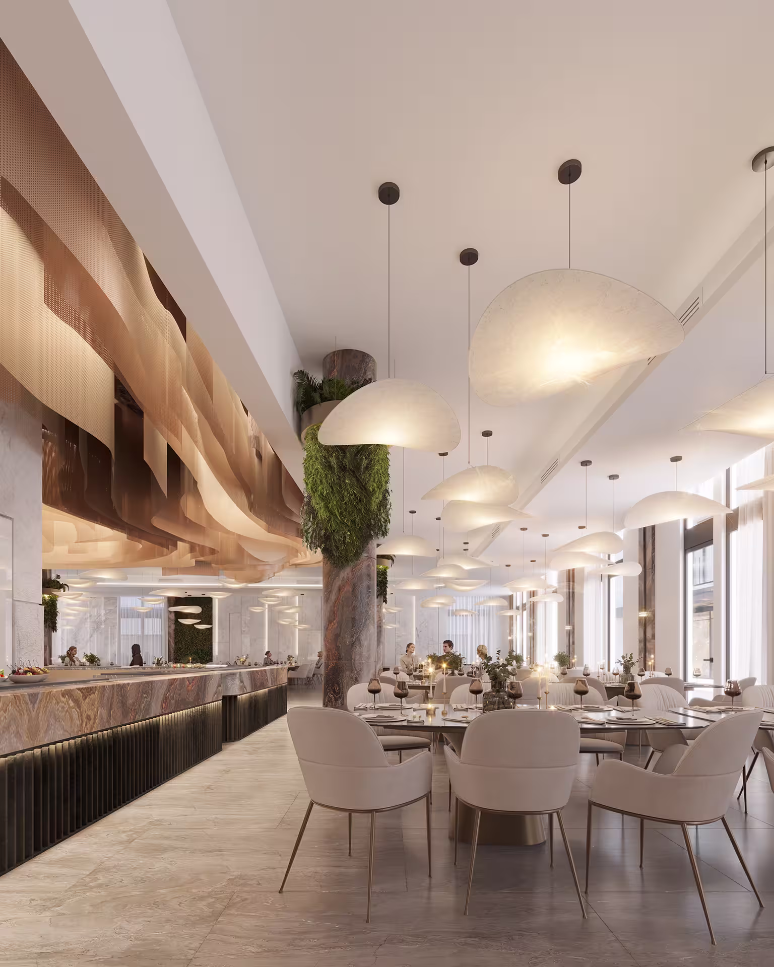 3D visualization of a modern hotel restaurant interior highlighting natural light, elegant finishes, and detailed material rendering.
