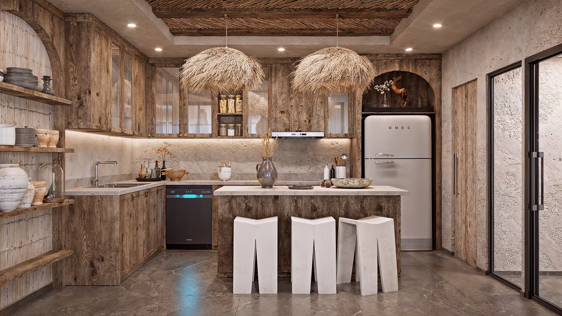 3D visualization of a modern cave home kitchen with minimalist design, concrete surfaces, and warm ambient light.