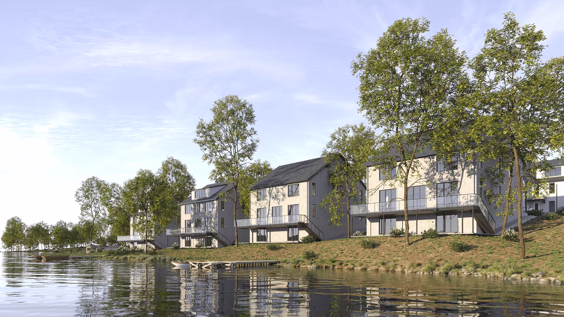 Architectural visualization of lakeside housing units with natural surroundings and reflections