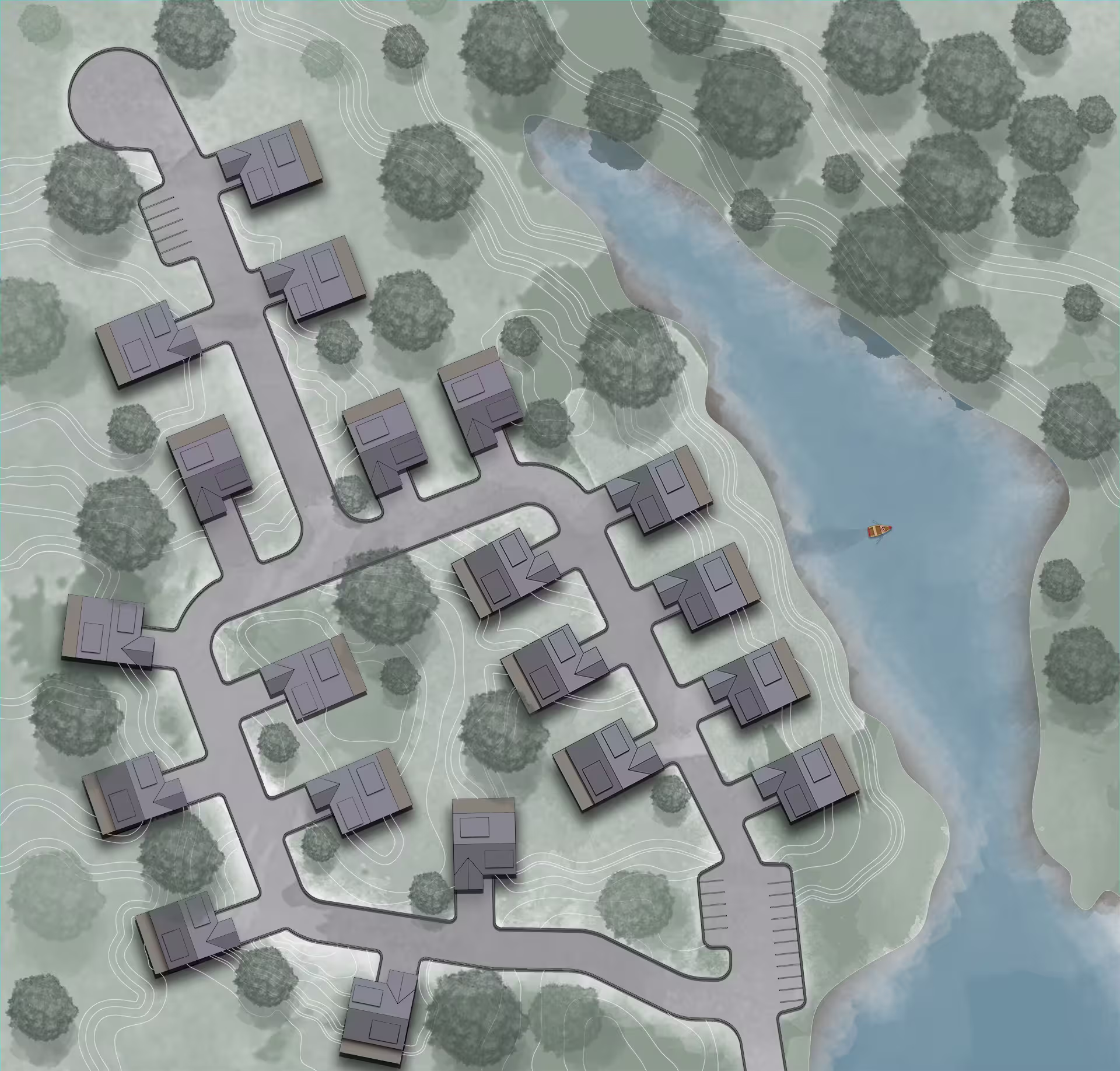 Masterplan layout of a commercial lakeside community showing roads, plots, and green areas
